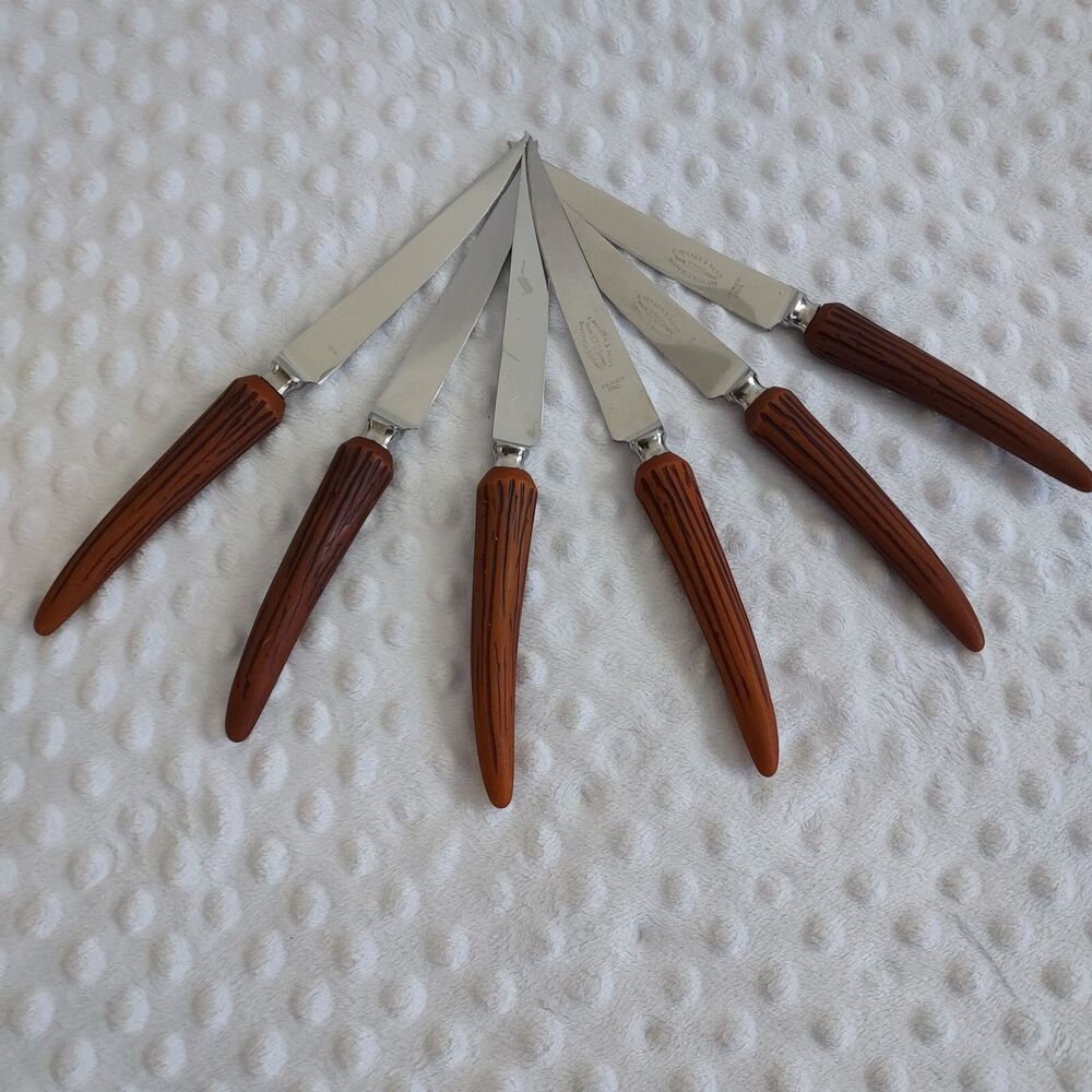 Vintage E Parker And Sons 3709 Sheffield England Horned Steak Knife Set Of 6